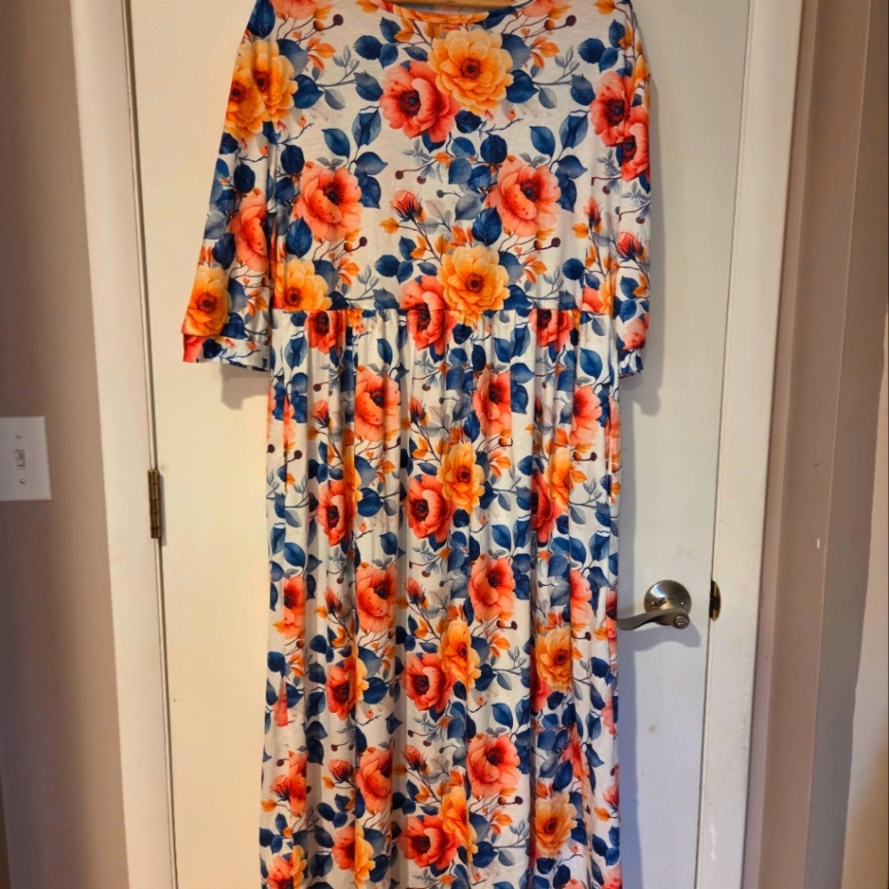 Long, floral dress, Size M. Blue and orange leaves with orange & pink flowers